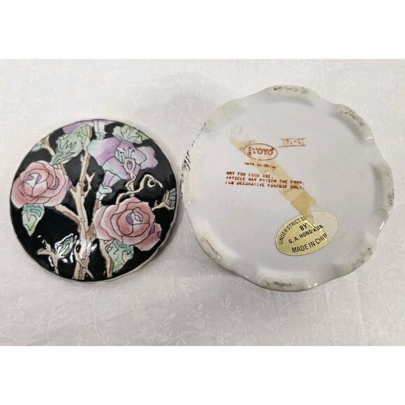 Vintage Toyo Powder Box Vintage Trinket Box Black Floral Cottage Core 4.5" - Picture 6 of 10